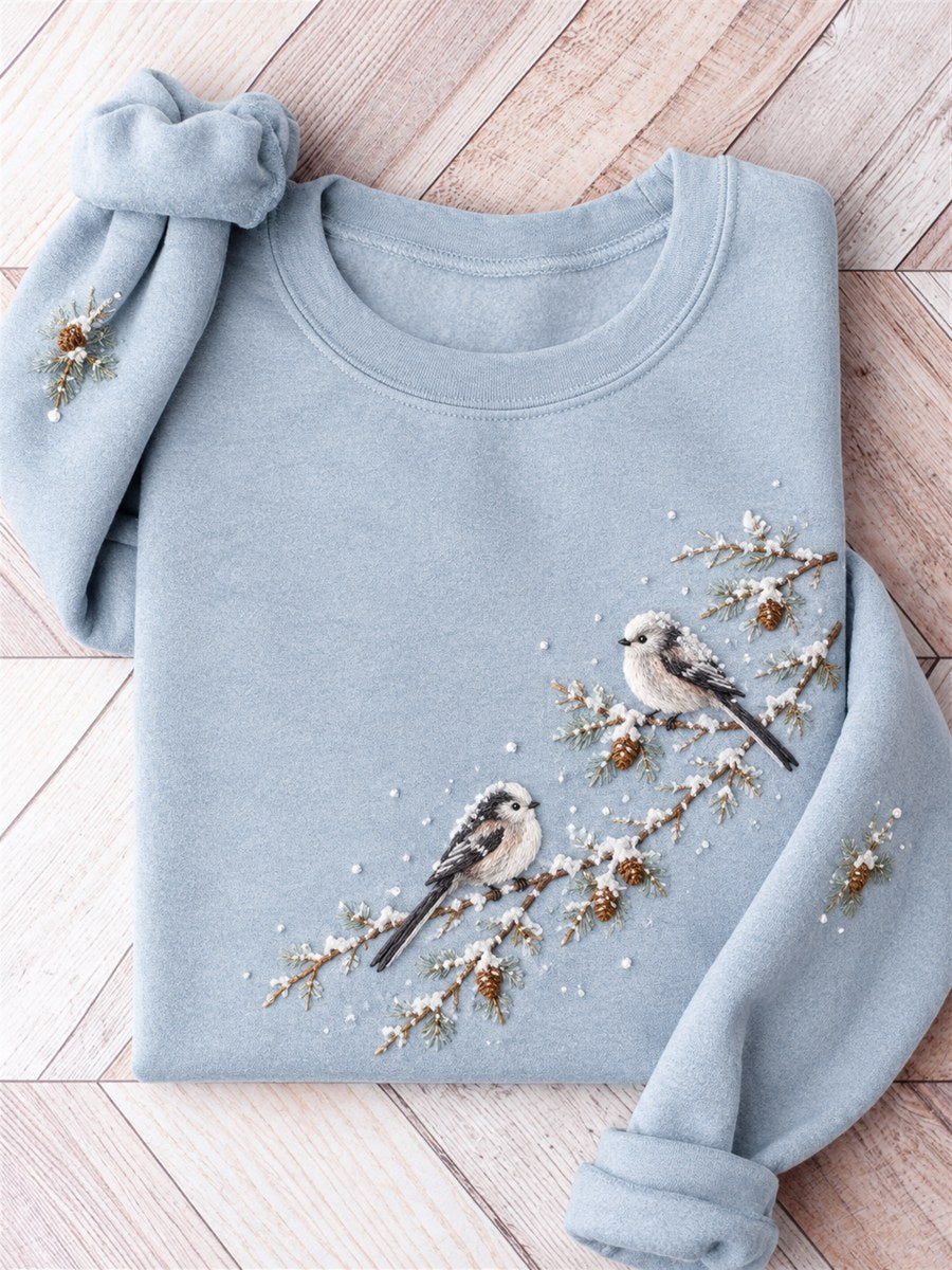 Women's Snowy Winter Long-tailed Tit Birds on Braches Print Sweatshirt
