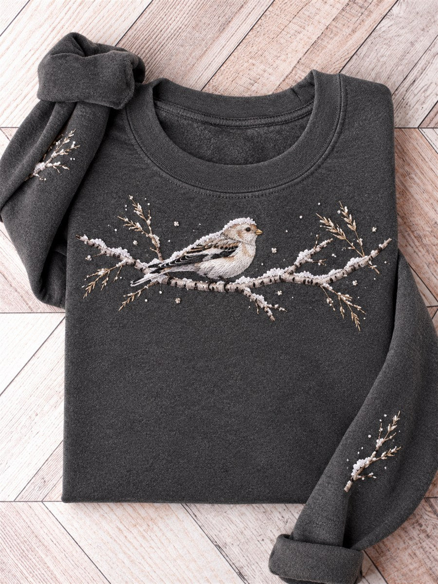 Women's Snowy Winter Common Redpoll Bird on Brach Print Sweatshirt
