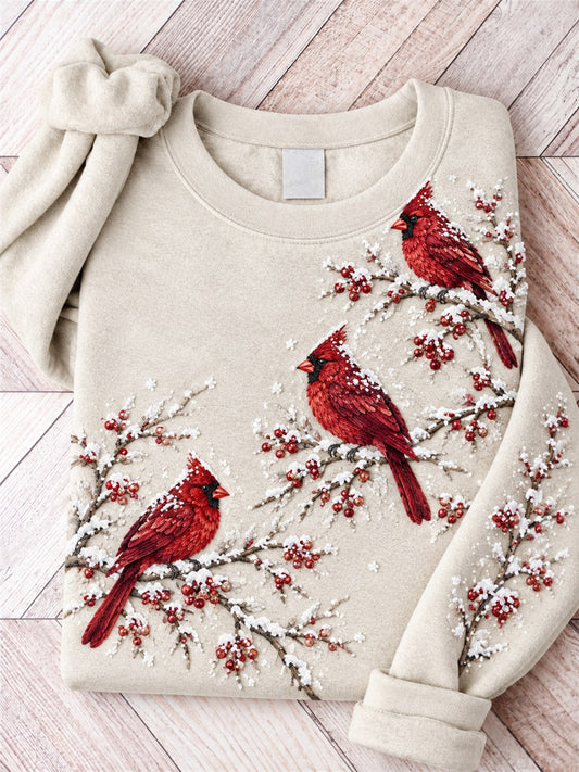 Women's Snowy Winter Red Cardinal Birds on Braches Print Sweatshirt