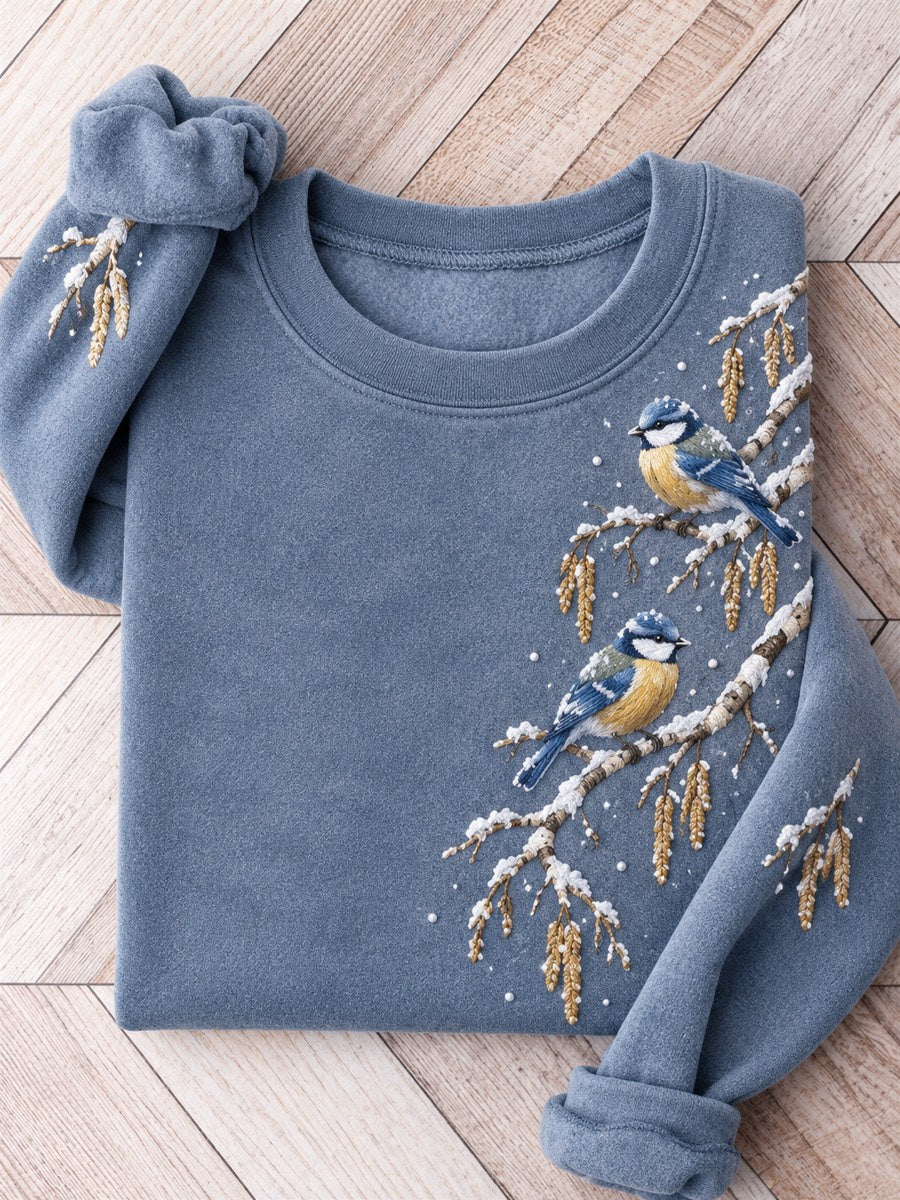 Women's Snowy Winter Blue Tit Birds on Braches Print Sweatshirt