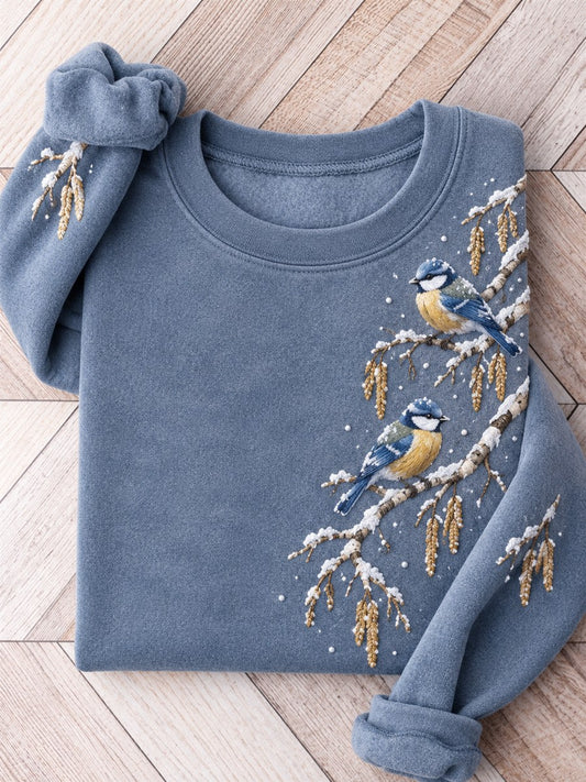 Women's Snowy Winter Blue Tit Birds on Braches Print Sweatshirt