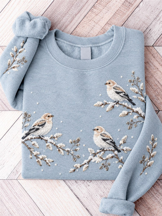 Women's Snowy Winter Common Redpoll Birds on Braches Print Sweatshirt