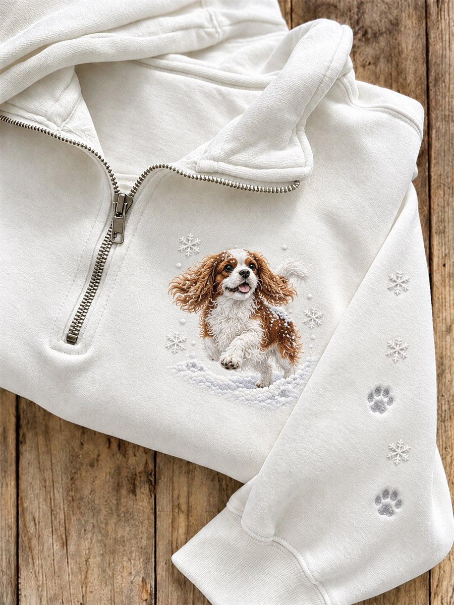 Women's Snowy Winter Cavalier Dog In the Snow Print Zip Up Sweatshirt