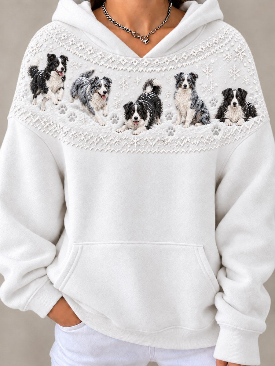 Women's Snowy Winter Border Collie Dogs In the Snow Yoke Isle Print Hoodie