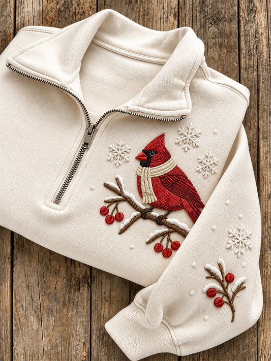 Women's Winter Red Cardinal Pattern Casual Half-Zip Sweatshirt