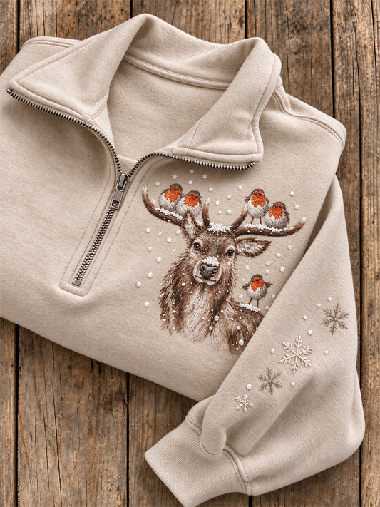Women's Snowy Winter Stag & Robin Print Casual Half-Zip Sweatshirt