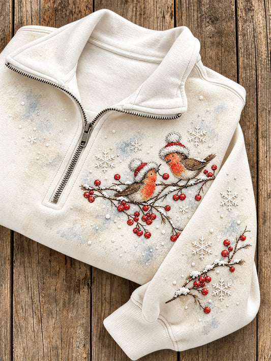 Women's Snowy Winter Robin On Branch Print Casual Half-Zip Sweatshirt