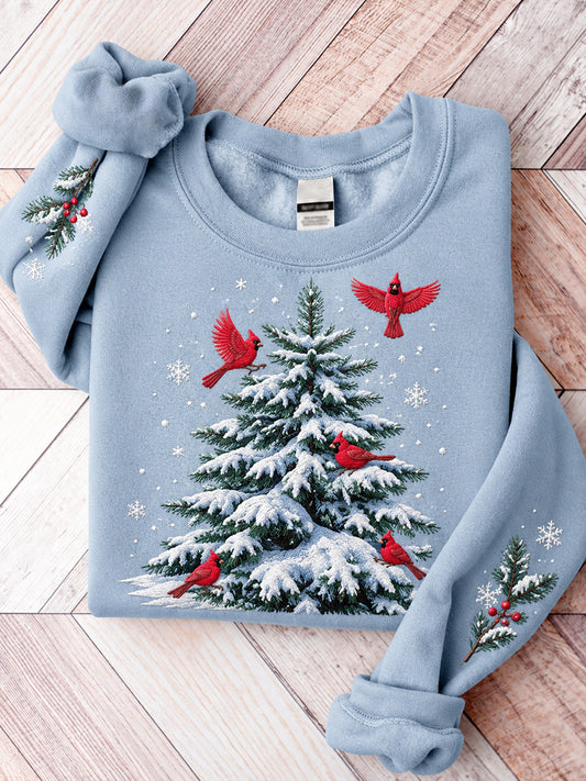 Women's Winter Red Cardinal in Snowy Pine Print Casual Sweatshirt