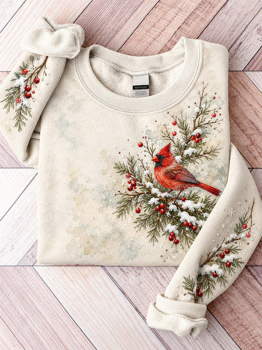 Women's Winter Red Cardinal in Snowy Pine Branch Print Casual Sweatshirt