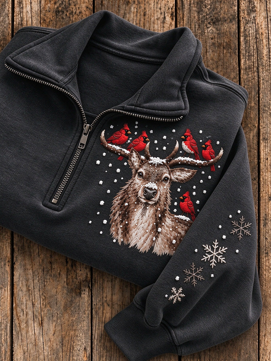 Women's Snowy Winter Stag & Cardinal Print Casual Half-Zip Sweatshirt