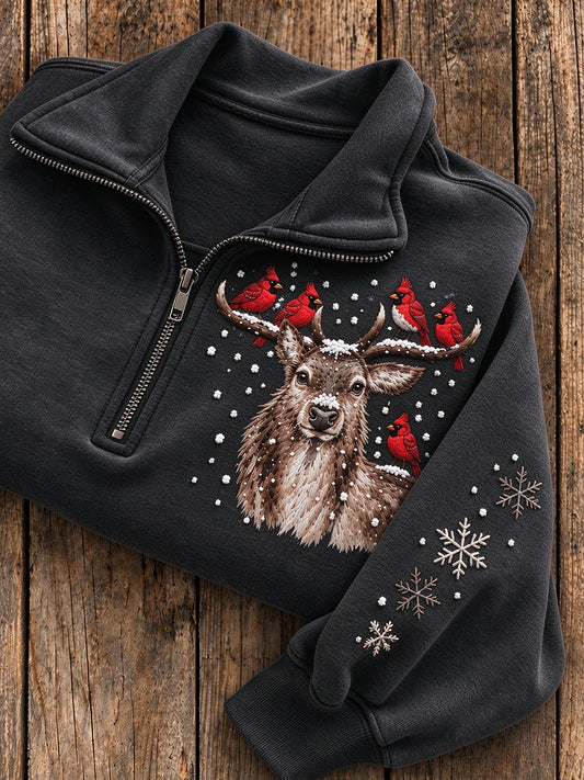 Women's Snowy Winter Stag & Cardinal Print Casual Half-Zip Sweatshirt