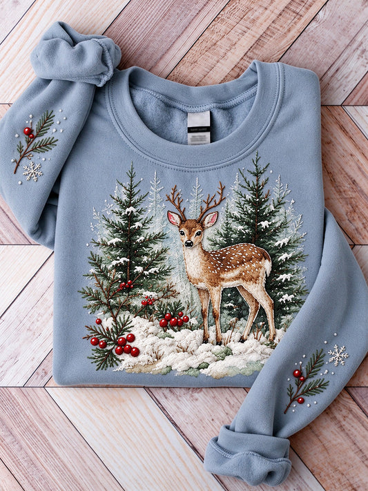 Women's Snowy Winter Deer & Pine Print Casual Sweatshirt
