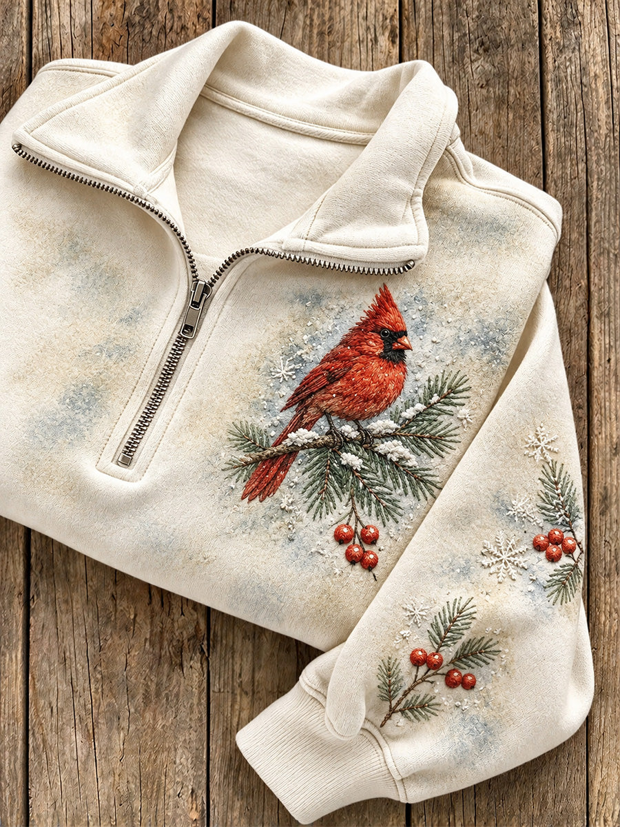 Women's Winter Red Cardinal Pattern Casual Half-Zip Sweatshirt