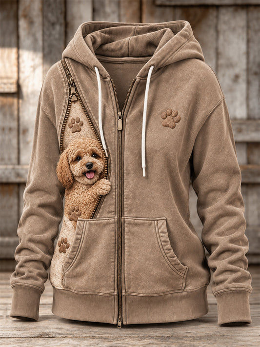 Women's Peeking Poodle Dog & Paw Prints Zipper Contrast Print Full Zip Hoodie