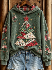 Women's Retro Christmas Tree Patchwork Pattern Design Casual Hoodie