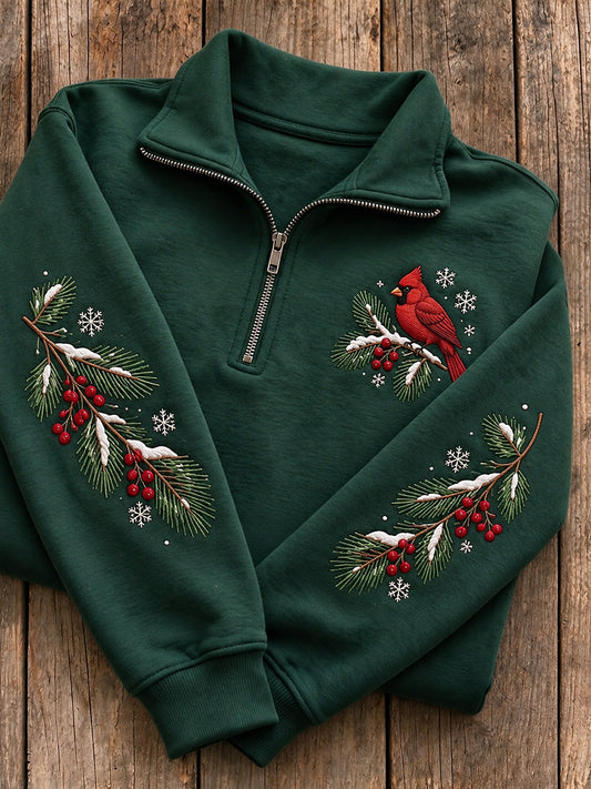 Women's Snowy Winter Red Cardinal On Branch Print Zip Up Sweatshirt