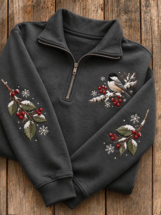 Women's Snowy Winter Chickadee On Branch Print Zip Up Sweatshirt