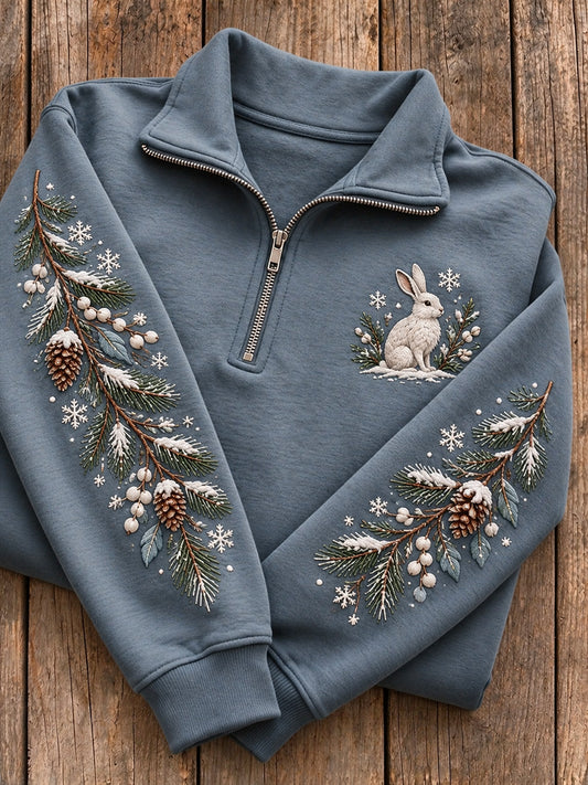 Women's Snowy Winter Bunny & Pine Trees Print Zip Up Sweatshirt