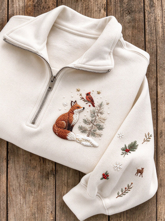 Women's Snowy Winter Red Cardinal & Fox Print Zip Up Sweatshirt