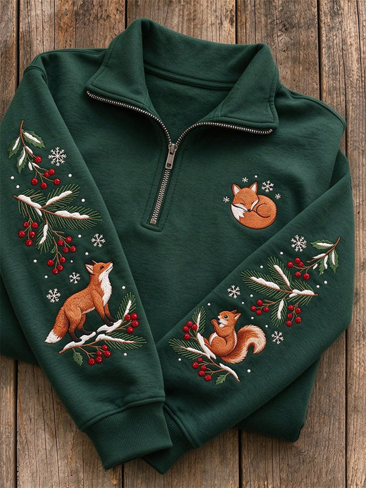 Women's Snowy Winter Forest Animals Print Zip Up Sweatshirt