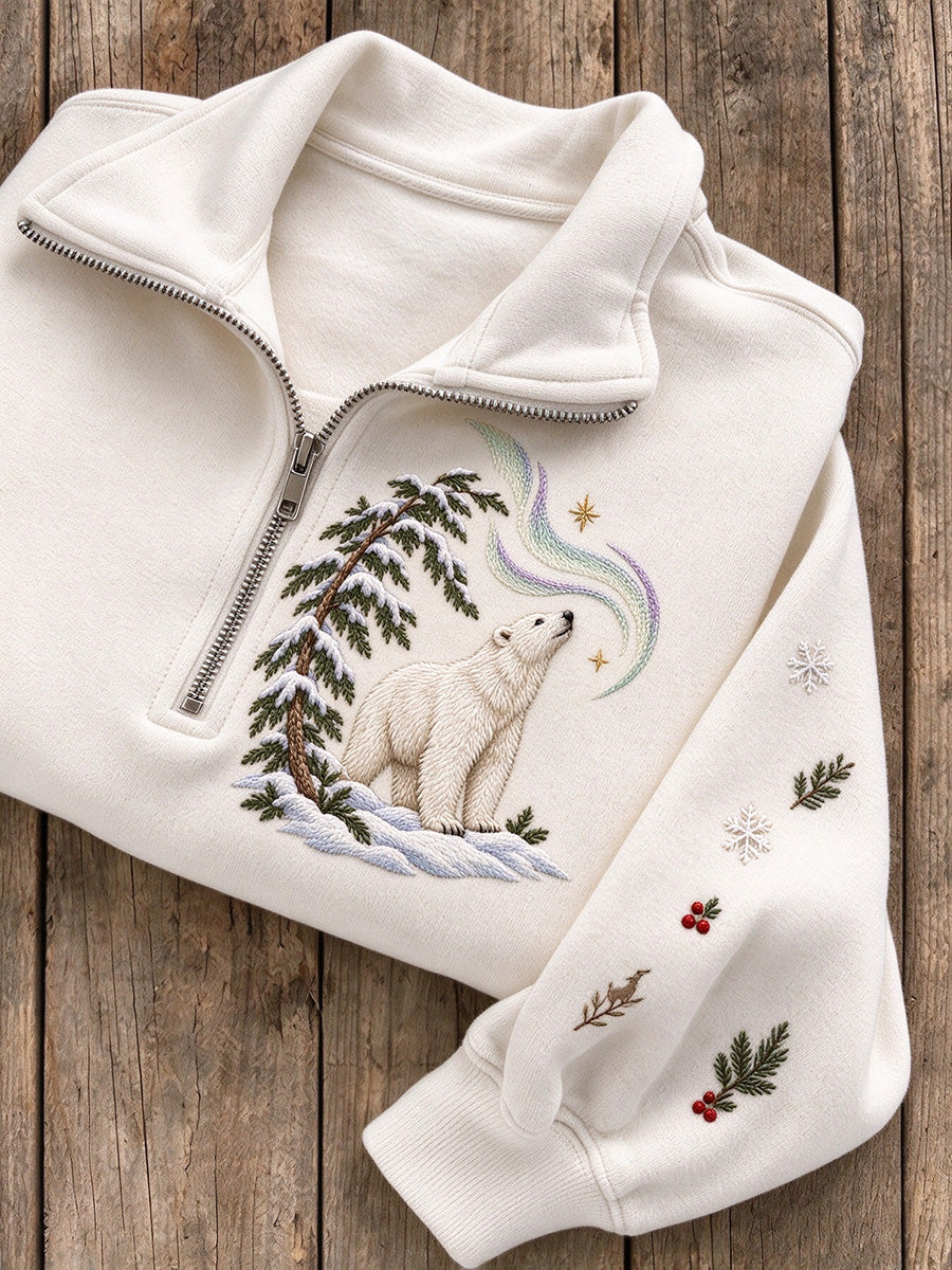 Women's Winter Polar Bear Northern Lights Print Zip Up Sweatshirt