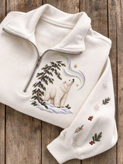 Women's Winter Polar Bear Northern Lights Print Zip Up Sweatshirt