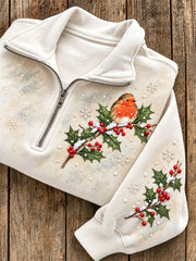 Women's Snowy Winter Robin On Branch Print Zip Up Sweatshirt