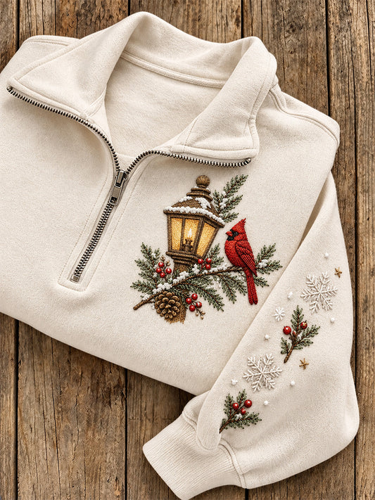 Women's Winter Red Cardinal Snowy Lantern Print Zip Up Sweatshirt