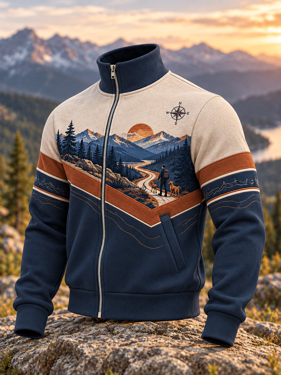 Men's Wilderness Trail Print Hike Lovers Casual Zipper Sweatshirt