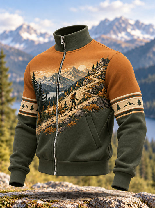 Men's Wilderness Trail Print Hike Lovers Casual Zipper Sweatshirt