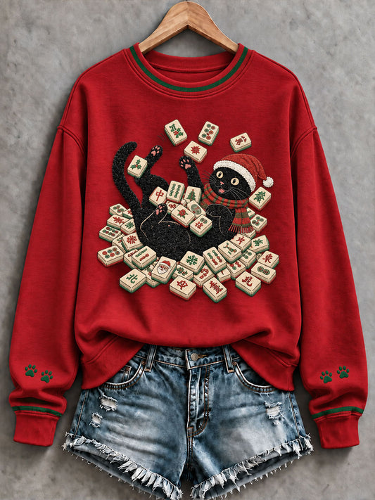 Women's Christmas Black Cat Mahjong Print Casual Sweatshirt