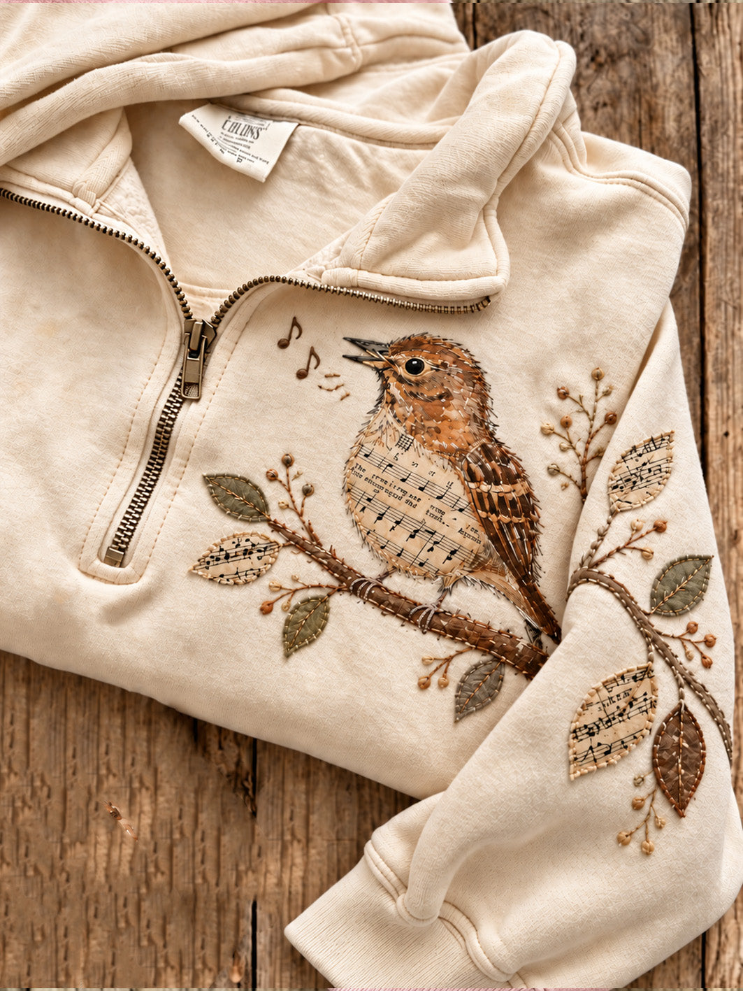 Women's Wren and Music Sheet Pattern Casual Half-Zip Sweatshirt