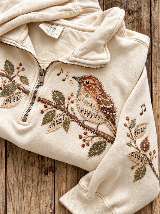 Women's Wren and Music Sheet Pattern Casual Half-Zip Sweatshirt