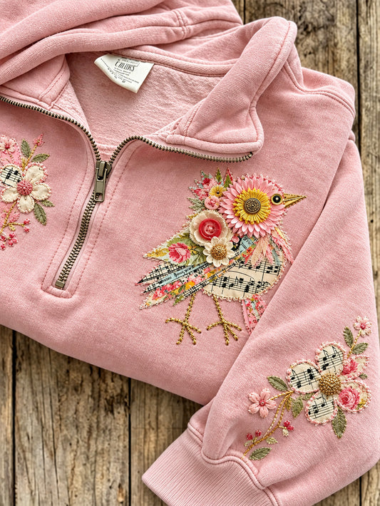 Women's Artistic Creative Collage Bird Pattern Casual Half-Zip Sweatshirt