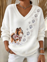 Women's Winter Shetland Sheepdog Pattern Causal V-neck Flannel Top
