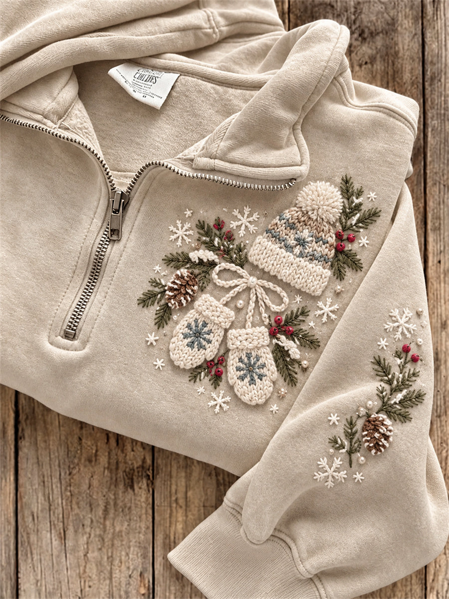Women's Knitwear Christmas Snowy Winter Cozy Elements Print Zip Up Sweatshirt