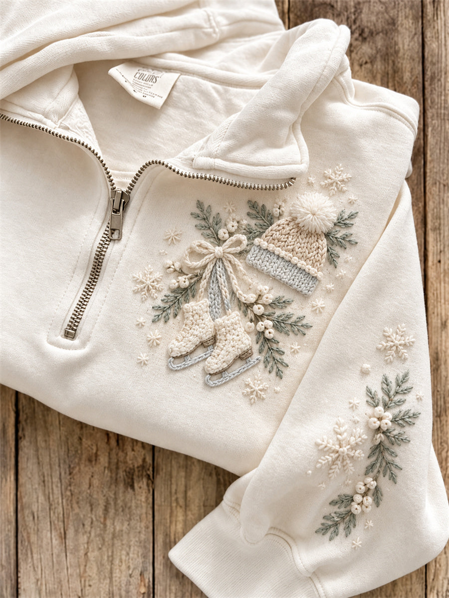 Women's Ice Skates & Knitwear Snowy Winter Cozy Elements Print Zip Up Sweatshirt