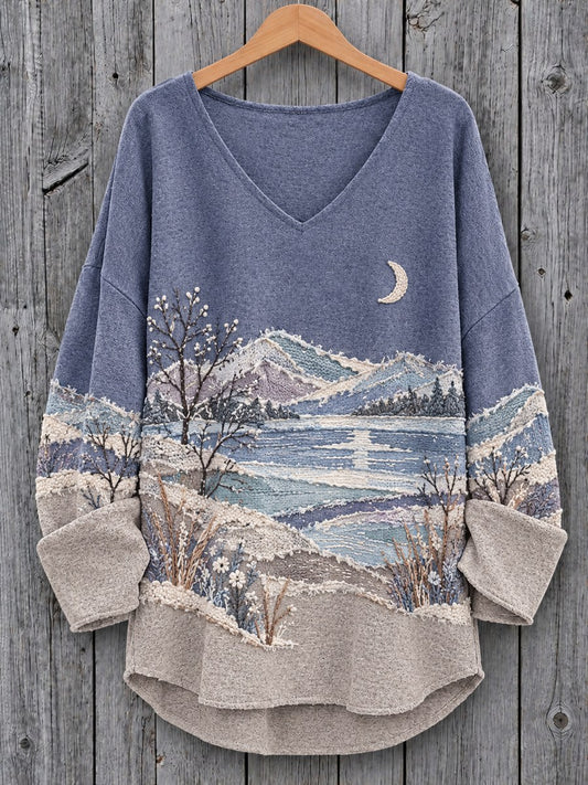 Women's Vintage Botanical Winter Forest Landscape Colorblock Print V-Neck Cozy T Shirt