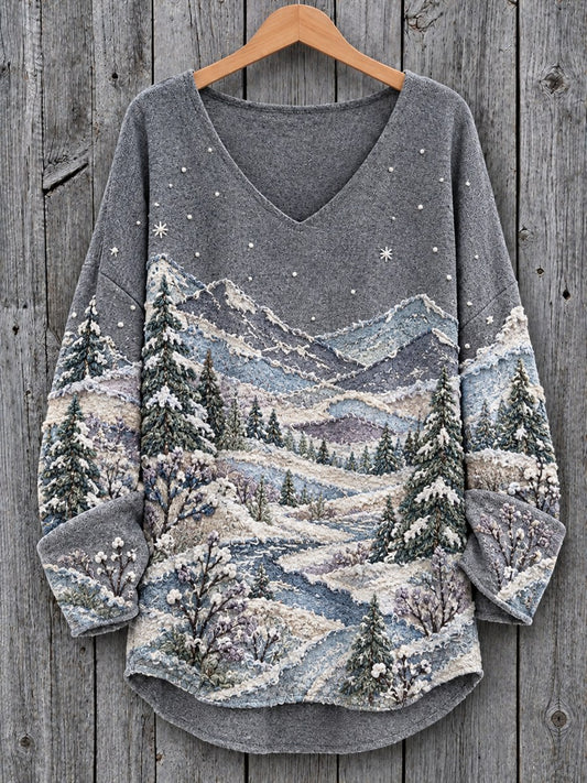 Women's Vintage Botanical Winter Forest Landscape Colorblock Print V-Neck Cozy T Shirt