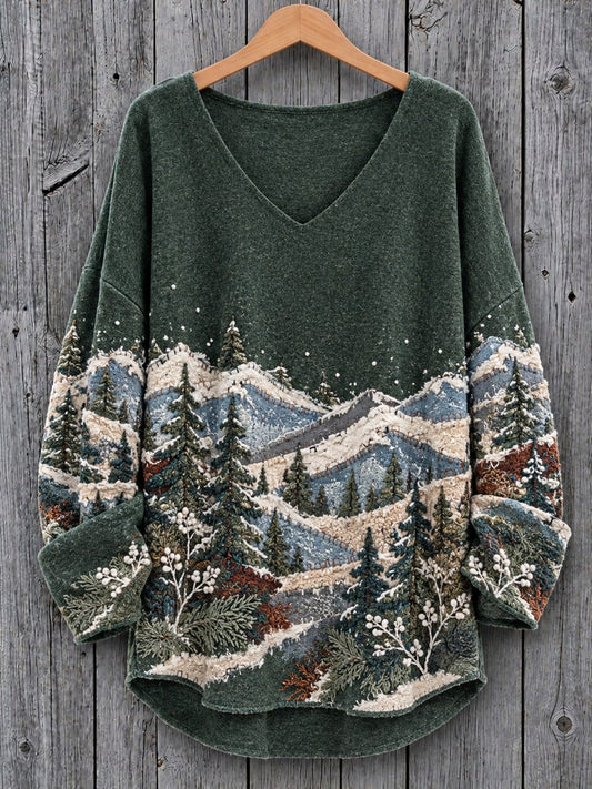 Women's Vintage Botanical Winter Forest Landscape Colorblock Print V-Neck Cozy T Shirt