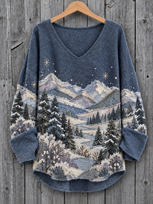 Women's Vintage Botanical Winter Forest Landscape Colorblock Print V-Neck Cozy T Shirt
