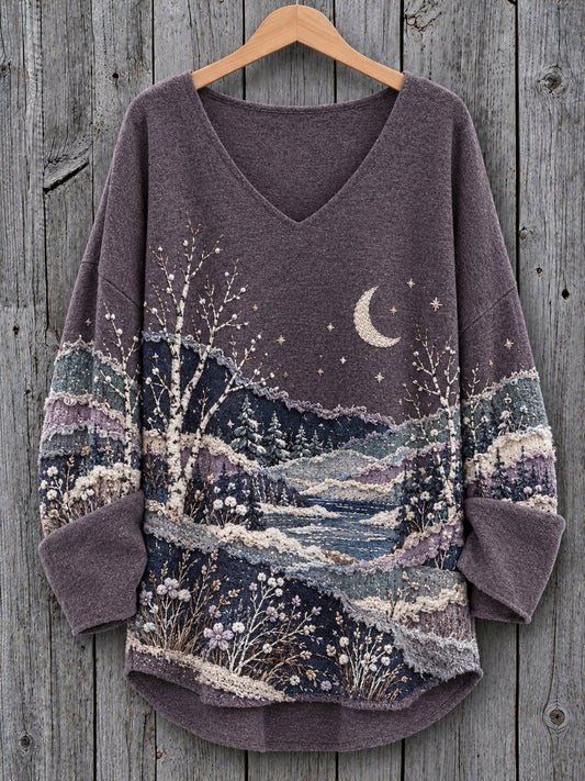 Women's Vintage Botanical Winter Forest Landscape Colorblock Print V-Neck Cozy T Shirt