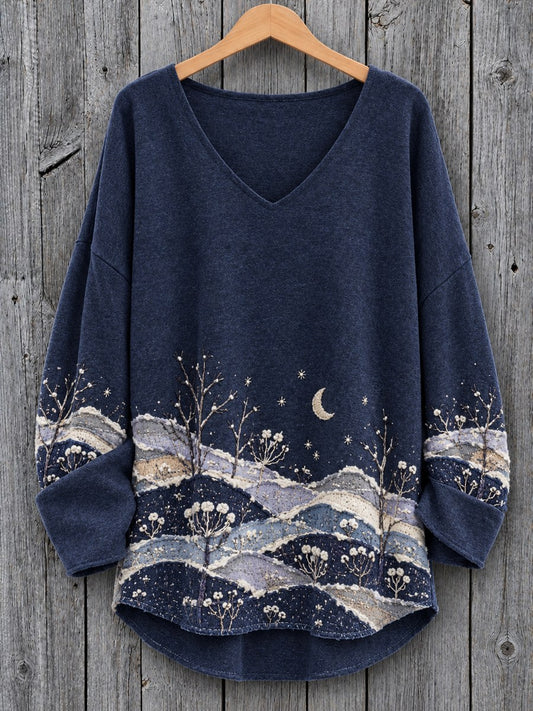 Women's Vintage Botanical Winter Forest Landscape Colorblock Print V-Neck Cozy T Shirt