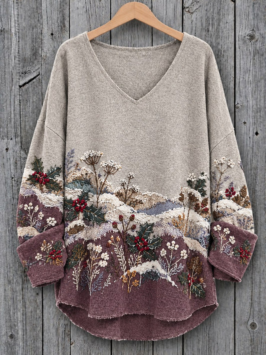 Women's Vintage Botanical Winter Forest Landscape Colorblock Print V-Neck Cozy T Shirt