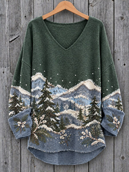 Women's Vintage Botanical Winter Forest Landscape Colorblock Print V-Neck Cozy T Shirt