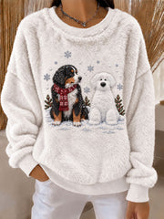 Women's Bernese Mountain Dog and Snowman Fun Print Flannel Hoodie