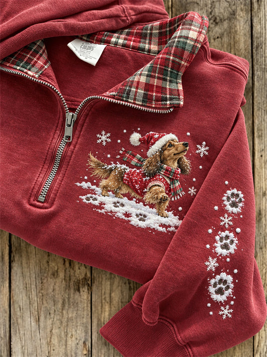 Women's Snowy Christmas Dachshund Dog & Paw Prints Plaid Print Sweatshirt