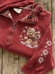Women's Snowy Christmas Yorkie Dog & Paw Prints Plaid Print Sweatshirt