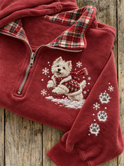 Women's Snowy Christmas Westie Dog & Paw Prints Plaid Print Sweatshirt