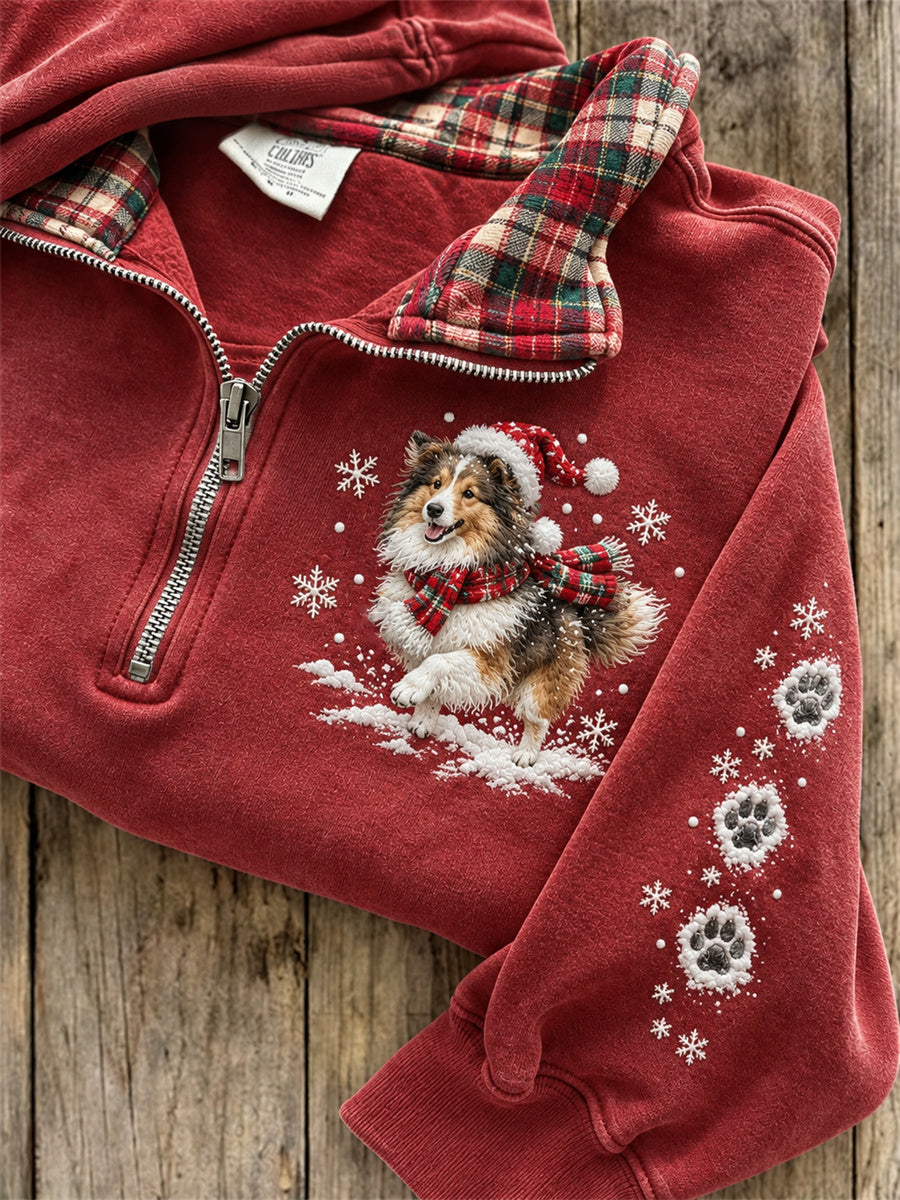 Women's Snowy Christmas Sheltie Dog & Paw Prints Plaid Print Sweatshirt